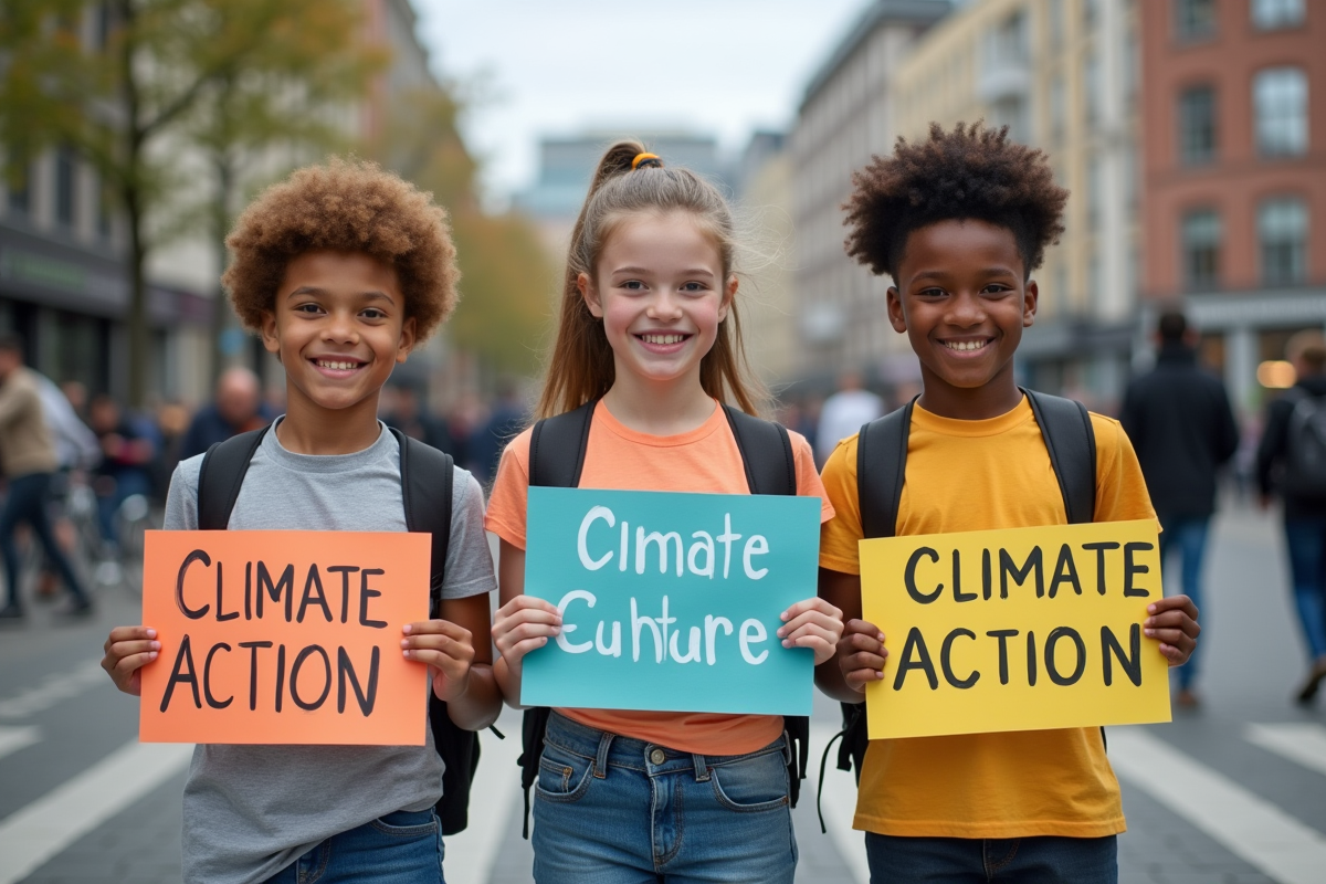 Jeunes manifestants avec pancartes pour le climat en ville