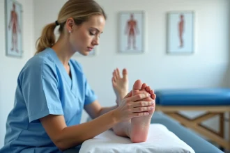Kinésithérapeute examinant l'orteil d'un patient pour traiter une bursite du pied en cabinet de kinésithérapie