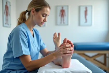 Kinésithérapeute examinant l'orteil d'un patient pour traiter une bursite du pied en cabinet de kinésithérapie
