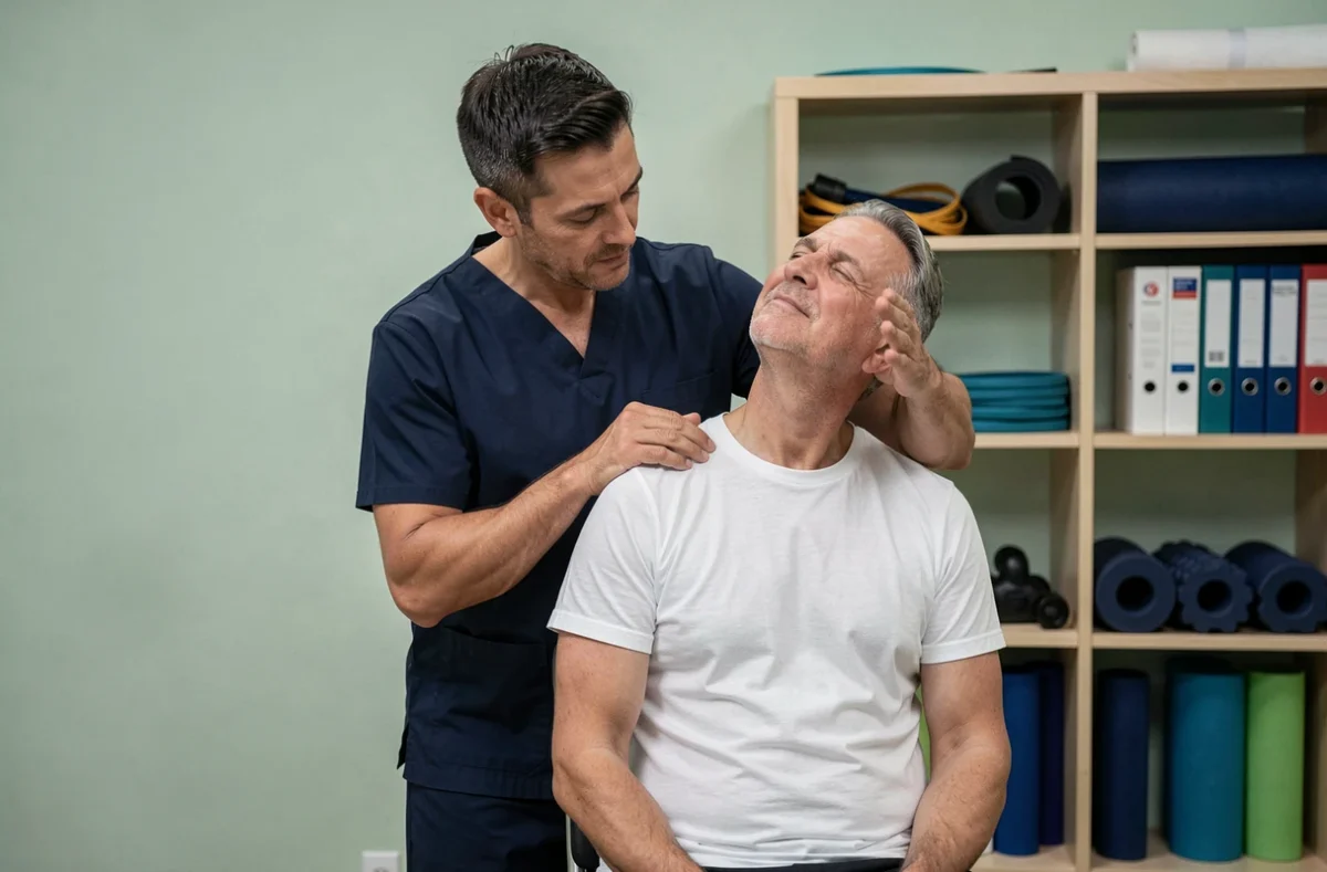Kinésithérapeute guidant un patient dans un étirement cervical pour soulager une protrusion discale C5 C6