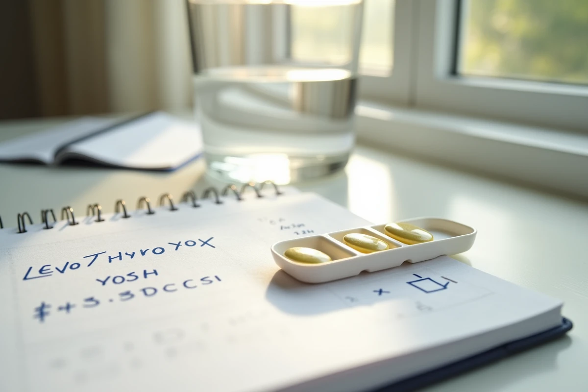 Comprimés de Levothyrox avec résultats d'analyses TSH et notes manuscrites de symptômes, questionnement sur un dosage trop fort