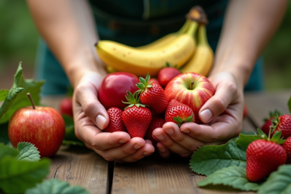 Mains de fermier tenant des fruits bio frais