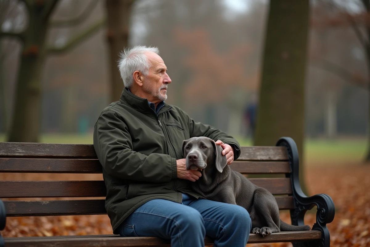 Homme âgé assis sur un banc de parc avec son vieux labrador en fin de vie posant la tête sur ses genoux en automne