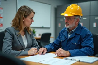 Un ouvrier d'usine et une responsable RH examinent ensemble un dossier de déclaration de maladie professionnelle tableau 57 dans un bureau administratif industriel