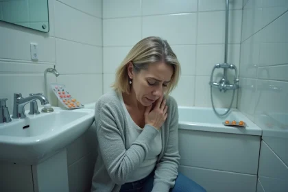 Femme allongée sur le sol des toilettes après un malaise vagal avec du paracétamol visible sur le lavabo