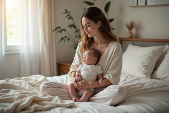 Maman apaisante avec son bébé endormi dans un lit moderne