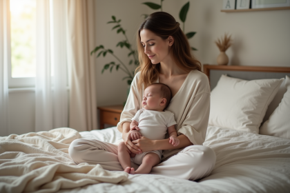 Maman apaisante avec son bébé endormi dans un lit moderne