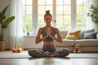 Jeune maman faisant du yoga doux dans un salon lumineux
