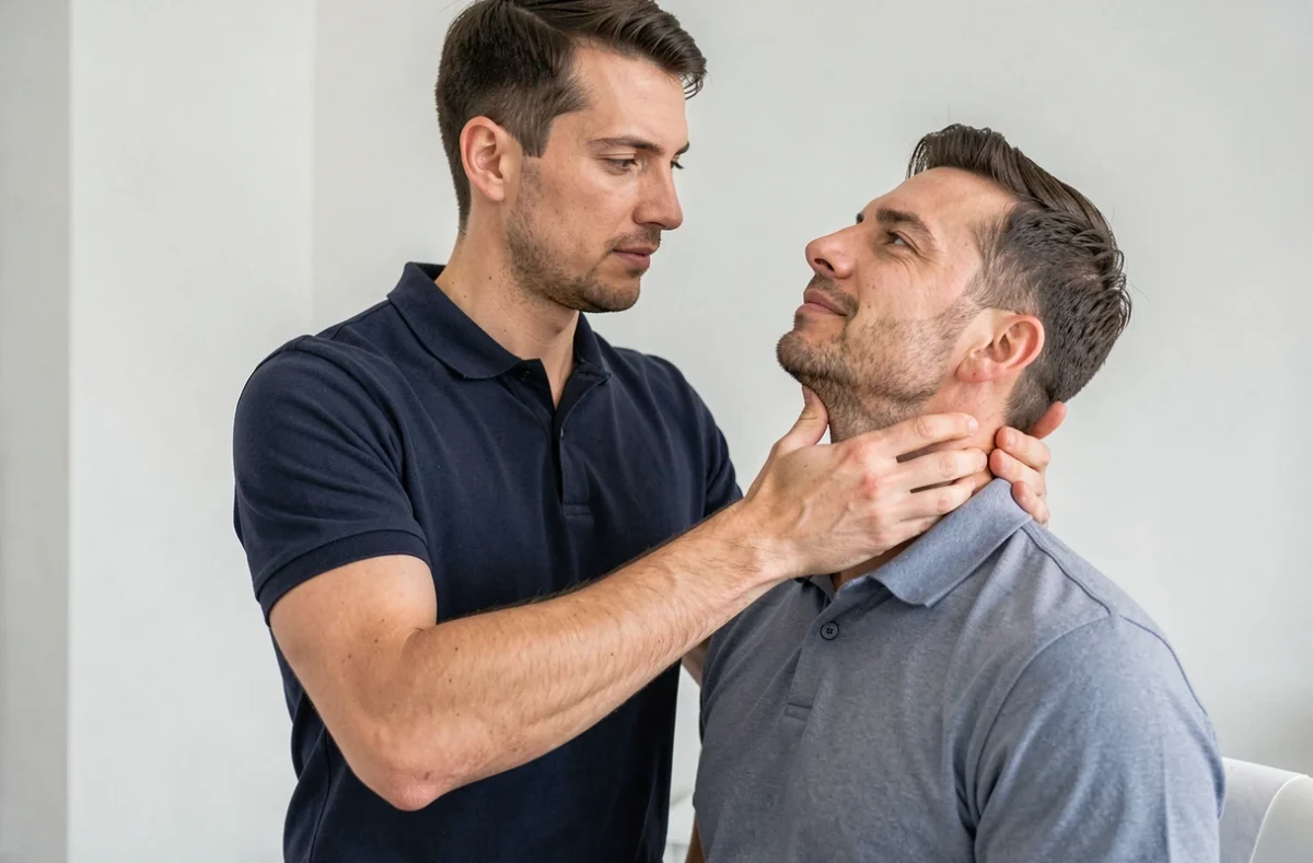 Ostéopathe masculin réalisant une manipulation cervicale sur un patient dans un cabinet parisien moderne
