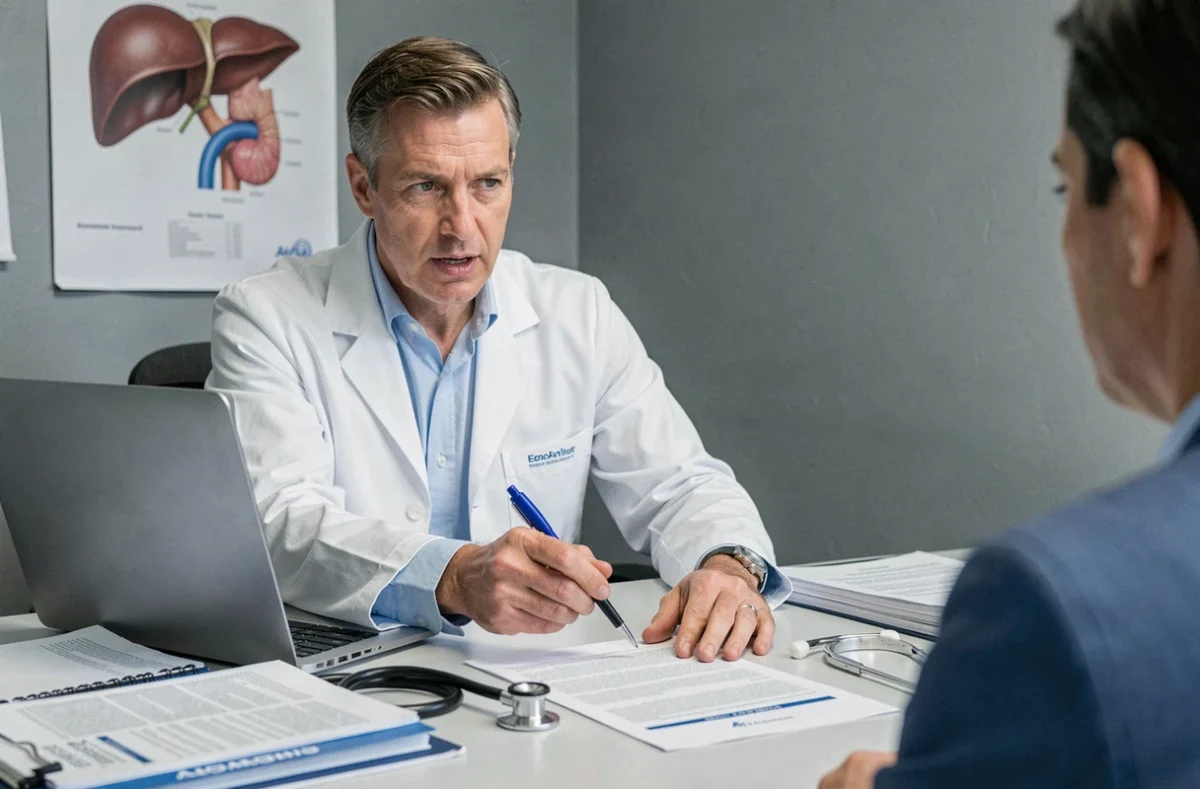 Médecin généraliste en consultation expliquant les effets secondaires et contre-indications d'un complément hépatique à un patient