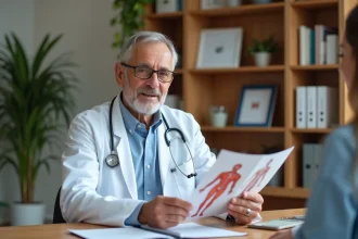 Médecin expliquant un protocole médical digestif à un patient lors d'une consultation en cabinet