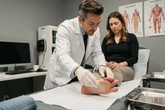 Médecin examinant le pied d'une patiente lors d'un bilan médical pour brûlures plantaires en cabinet