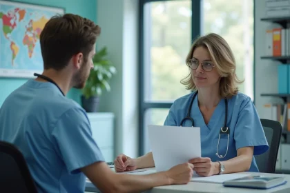 M&eacute;decin g&eacute;n&eacute;raliste et infirmier discutant au bureau