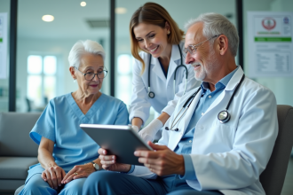 Medecin femme aidant un patient age dans une salle d hospital