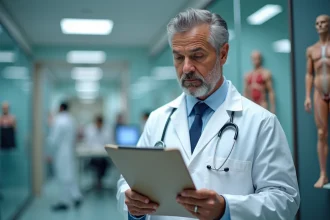 Médecin en blouse blanche examinant un dossier médical