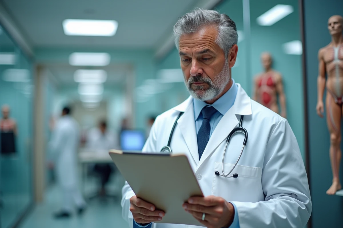 Médecin en blouse blanche examinant un dossier médical