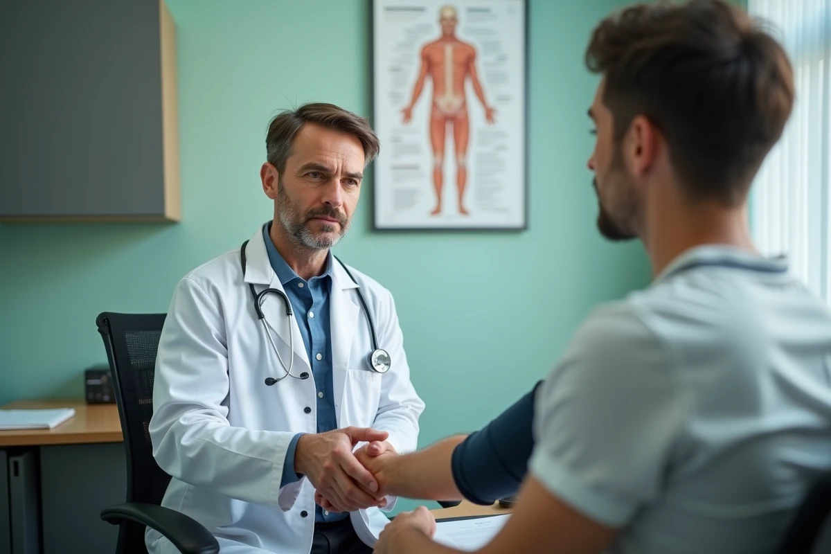 Médecin mesurant la tension artérielle d'un patient en cabinet médical avec un sphygmomanomètre