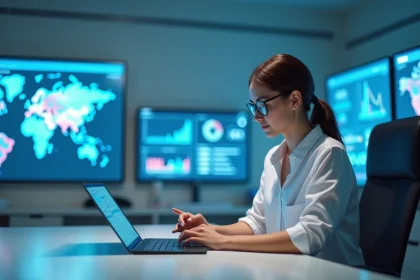 Femme m&eacute;decin analysant des donn&eacute;es sur une tablette en milieu m&eacute;dical