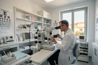 Cabinet d'ophtalmologie moderne dans les Bouches-du-Rhône avec médecin examinant un patient à la lampe à fente