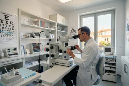 Cabinet d'ophtalmologie moderne dans les Bouches-du-Rhône avec médecin examinant un patient à la lampe à fente