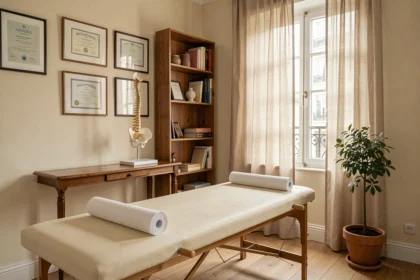 Cabinet d'ostéopathie parisien avec table de traitement, modèle anatomique et diplômes encadrés