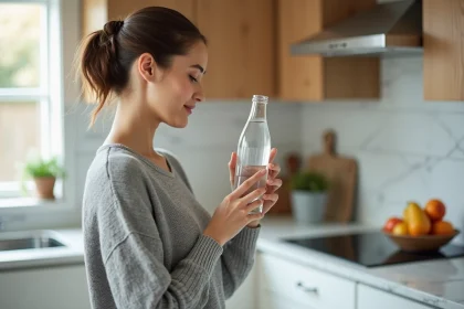 Mère lisant l'étiquette d'une bouteille d'eau minérale Saint Antonin dans une cuisine moderne pour vérifier sa compatibilité avec la santé de son enfant