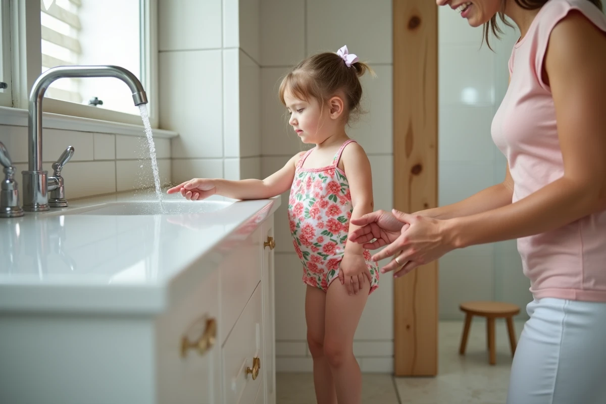 Mère rinçant la blessure de sa fille à l'eau courante après une morsure de brochet, soins à domicile