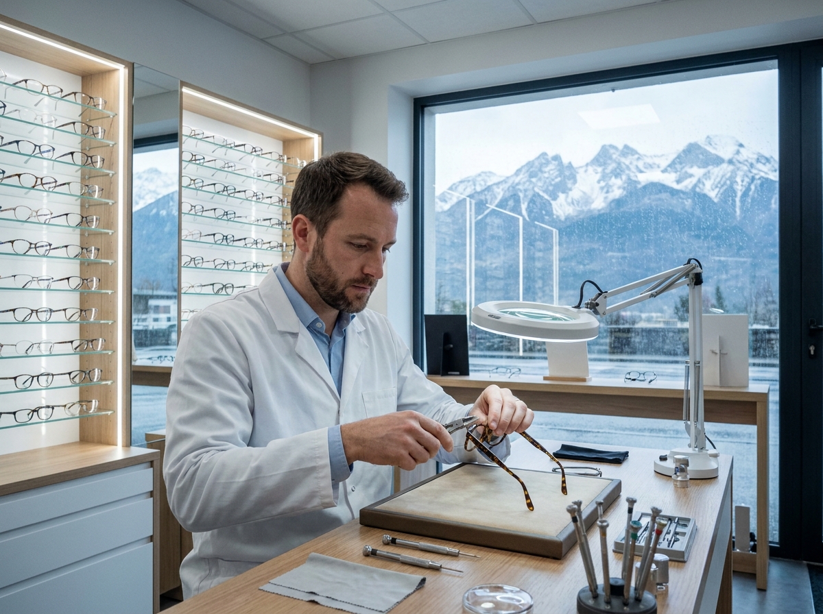 Opticien professionnel ajustant des lunettes dans un magasin avec vue sur les Alpes
