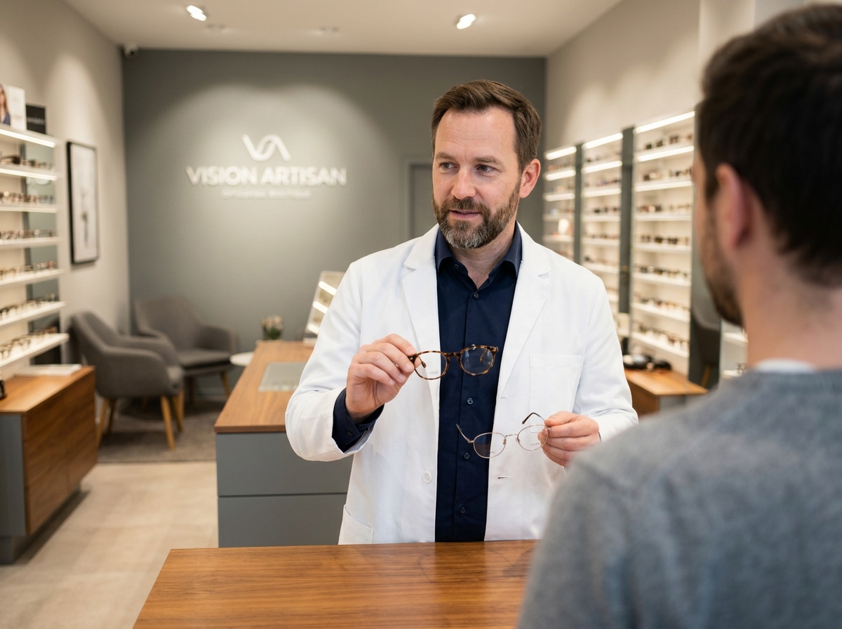 Opticien professionnel présentant des montures de lunettes à un client dans son cabinet d'optique
