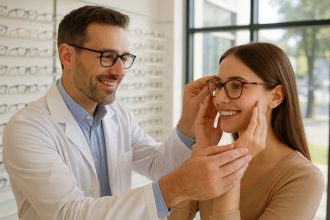 Opticien aidant une jeune femme à essayer des lunettes dans une boutique lumineuse
