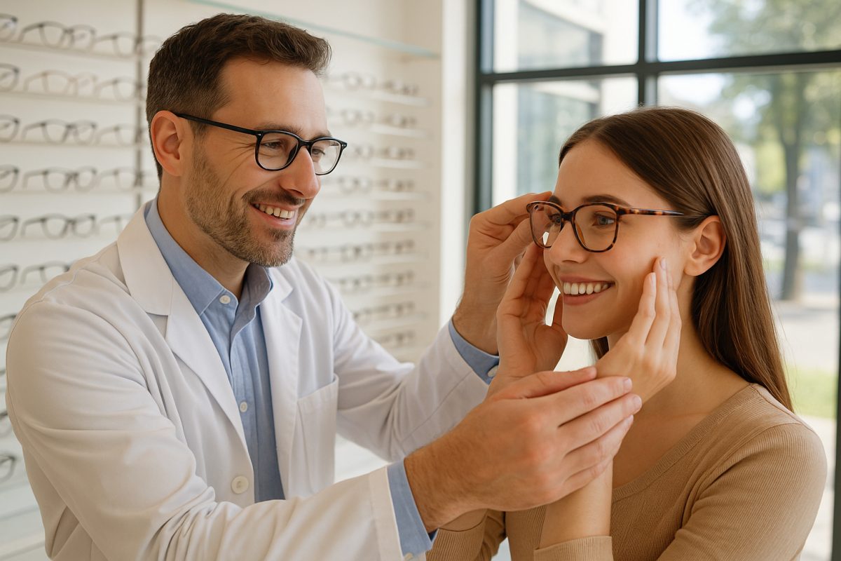 Opticien aidant une jeune femme à essayer des lunettes dans une boutique lumineuse