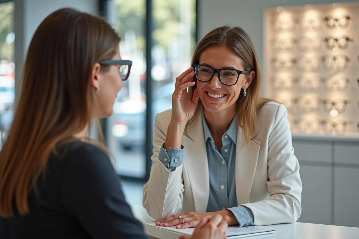 Opticien ajustant des lunettes modernes à une femme souriante à Cannes