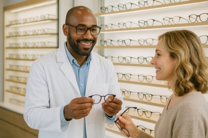 Opticien aidant un client à choisir des lunettes dans un magasin moderne à Mille