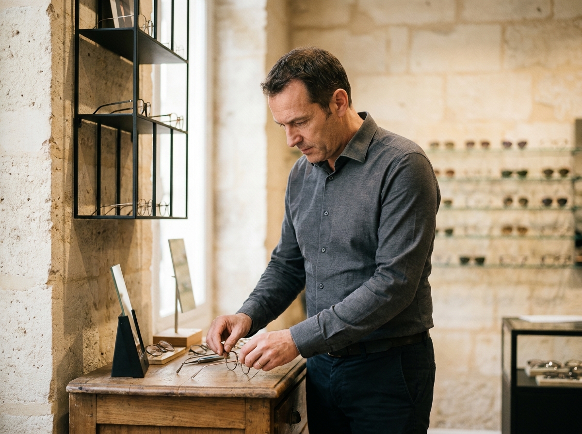 Opticien professionnel ajustant des lunettes dans une boutique d'optique à Bordeaux