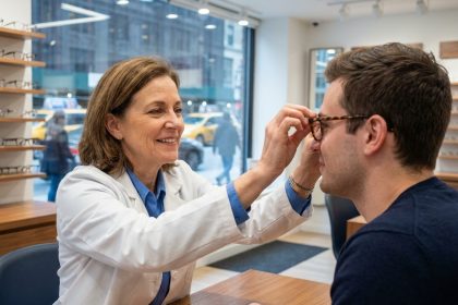 Opticienne souriante ajustant des lunettes &agrave; un jeune homme dans une boutique moderne