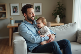 Père et enfant souriants dans un salon moderne