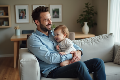 Père et enfant souriants dans un salon moderne