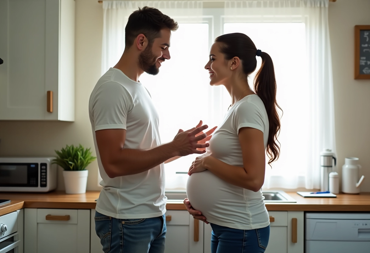 Jeune père rassurant sa partenaire enceinte dans la cuisine