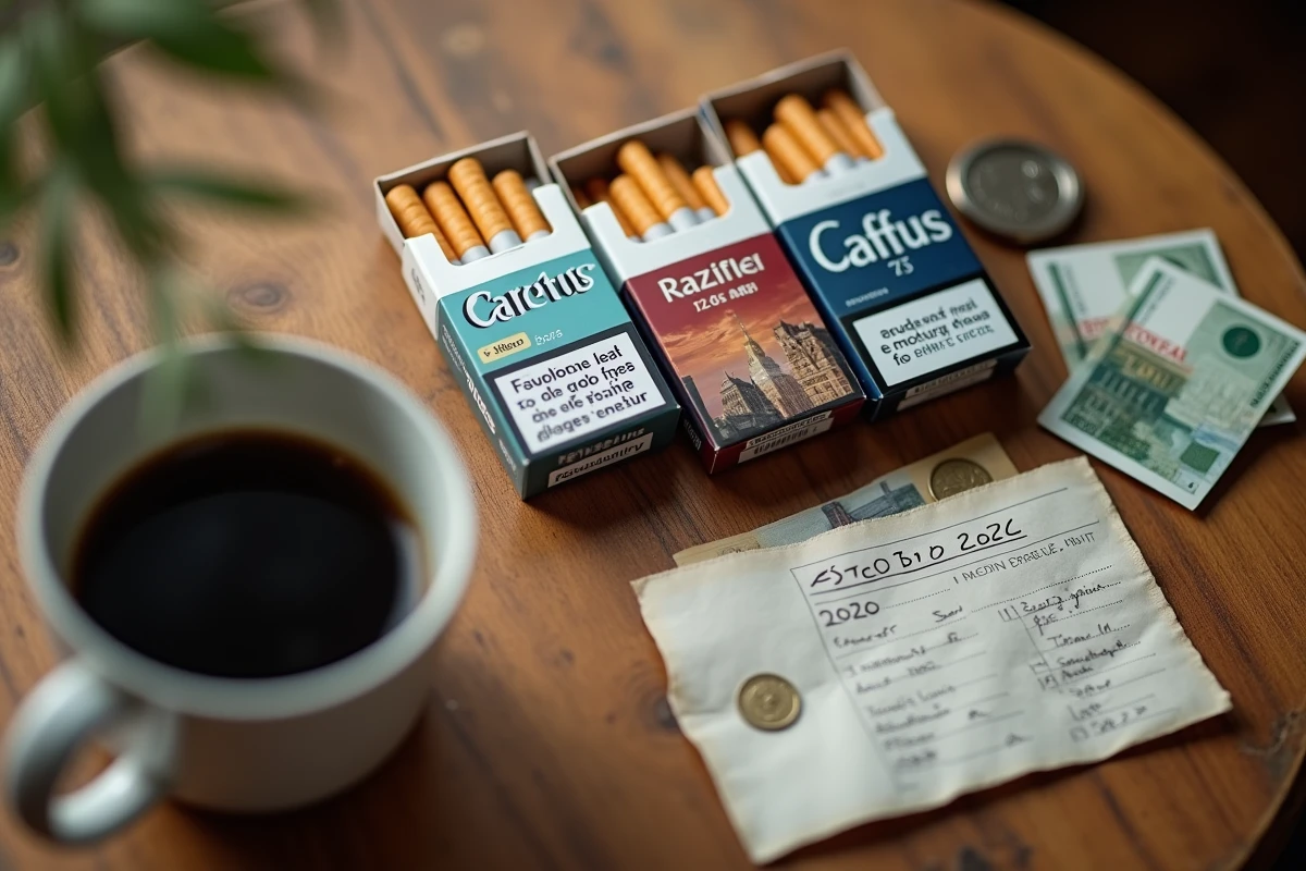 Paquets de cigarettes et pièces en euros sur une table en bois illustrant la hausse des prix du tabac au Luxembourg en 2026