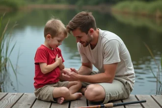 Parent examinant la main d'un enfant mordu par un brochet au bord d'un lac, premiers secours en milieu naturel