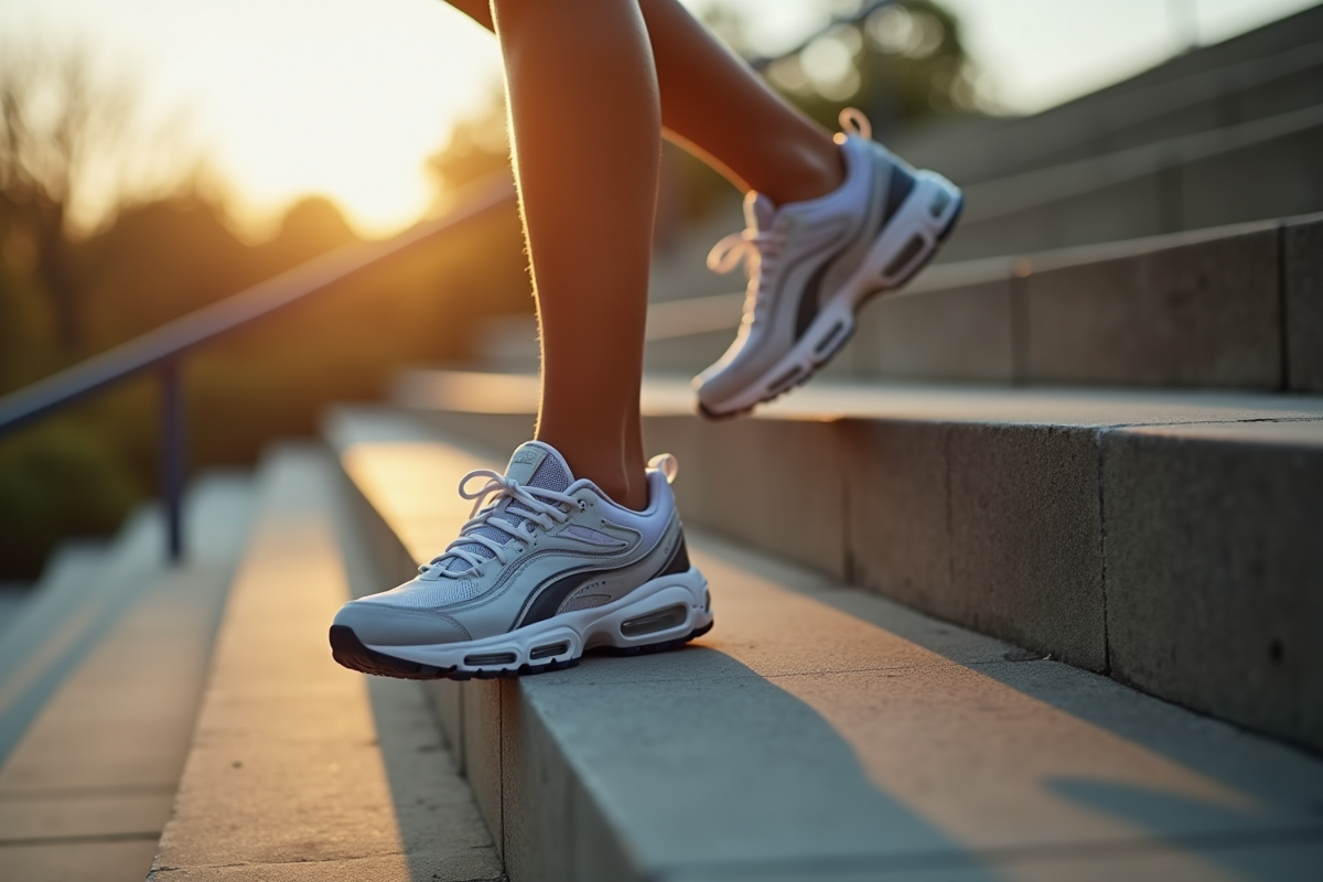 Jambes et chaussures en mouvement montant des escaliers en plein jour
