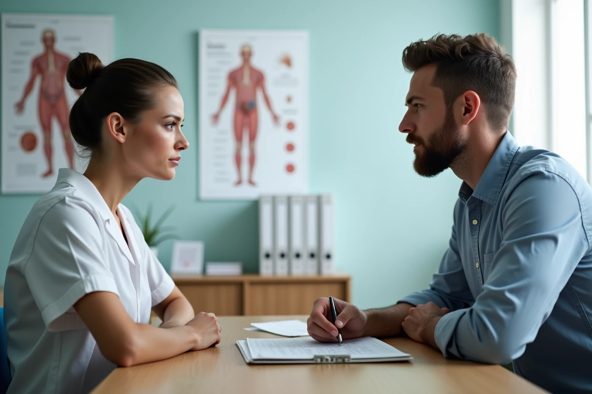 Jeune homme &eacute;coutant une dermatologue dans un cabinet m&eacute;dical