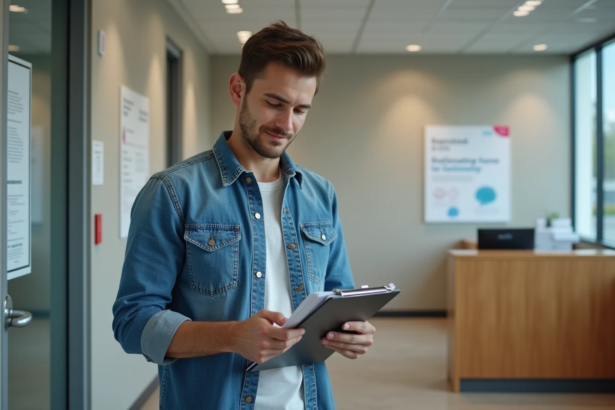Jeune homme lisant des formulaires médicaux dans la salle d
