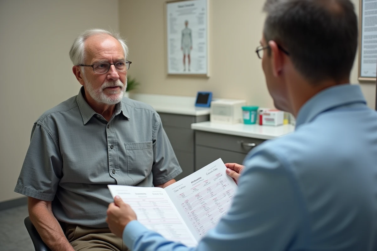 Patient masculin discutant des résultats d'analyses de sang avec son médecin dans un cabinet médical moderne