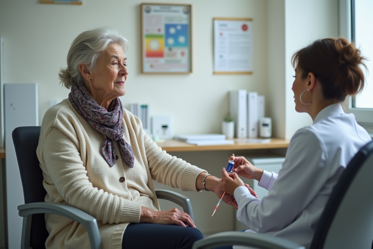 Femme âgée recevant un vaccin dans un cabinet médical