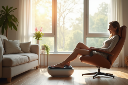 Personne utilisant un appareil de massage des pieds dans un salon lumineux
