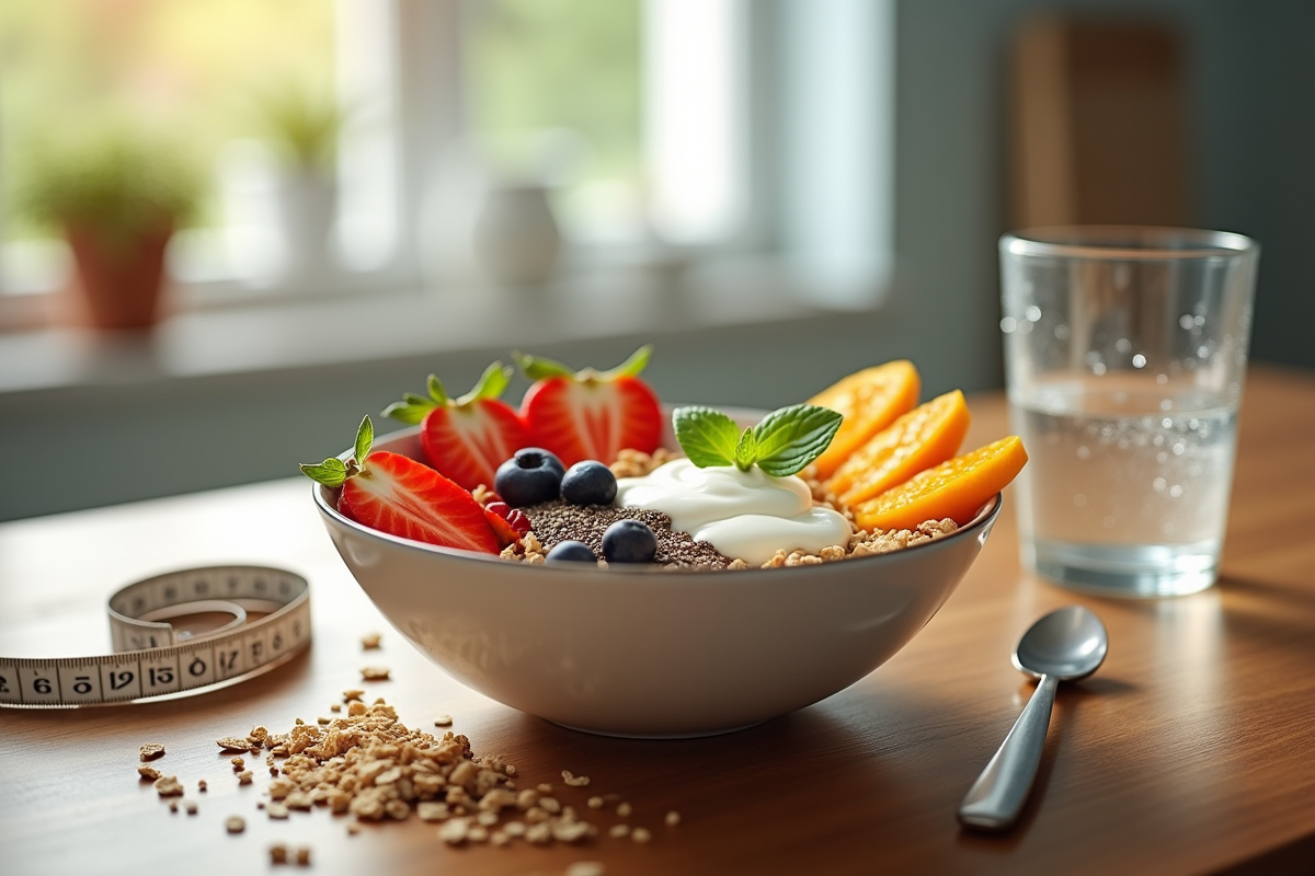 Bol de petit déjeuner coloré avec fruits et yaourt sur une table en bois
