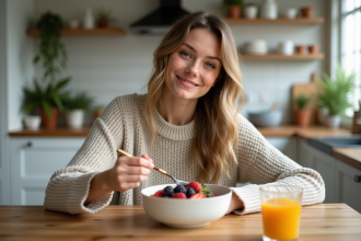 Jeune femme mangeant un bol de flocons avec fruits