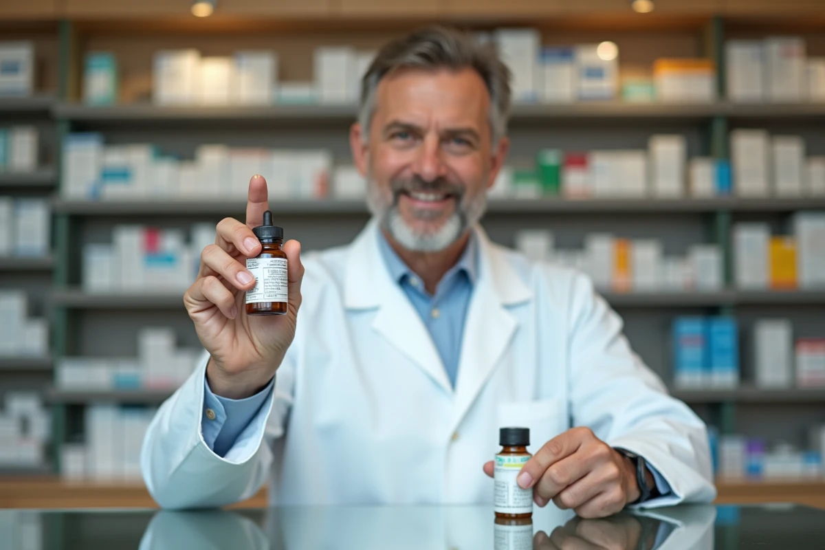 Pharmacien expliquant le dosage en gouttes d'un médicament derrière le comptoir d'une pharmacie