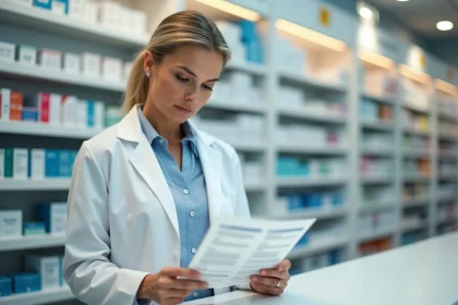 Pharmacienne consultant une notice médicamenteuse d'Optiloba en pharmacie